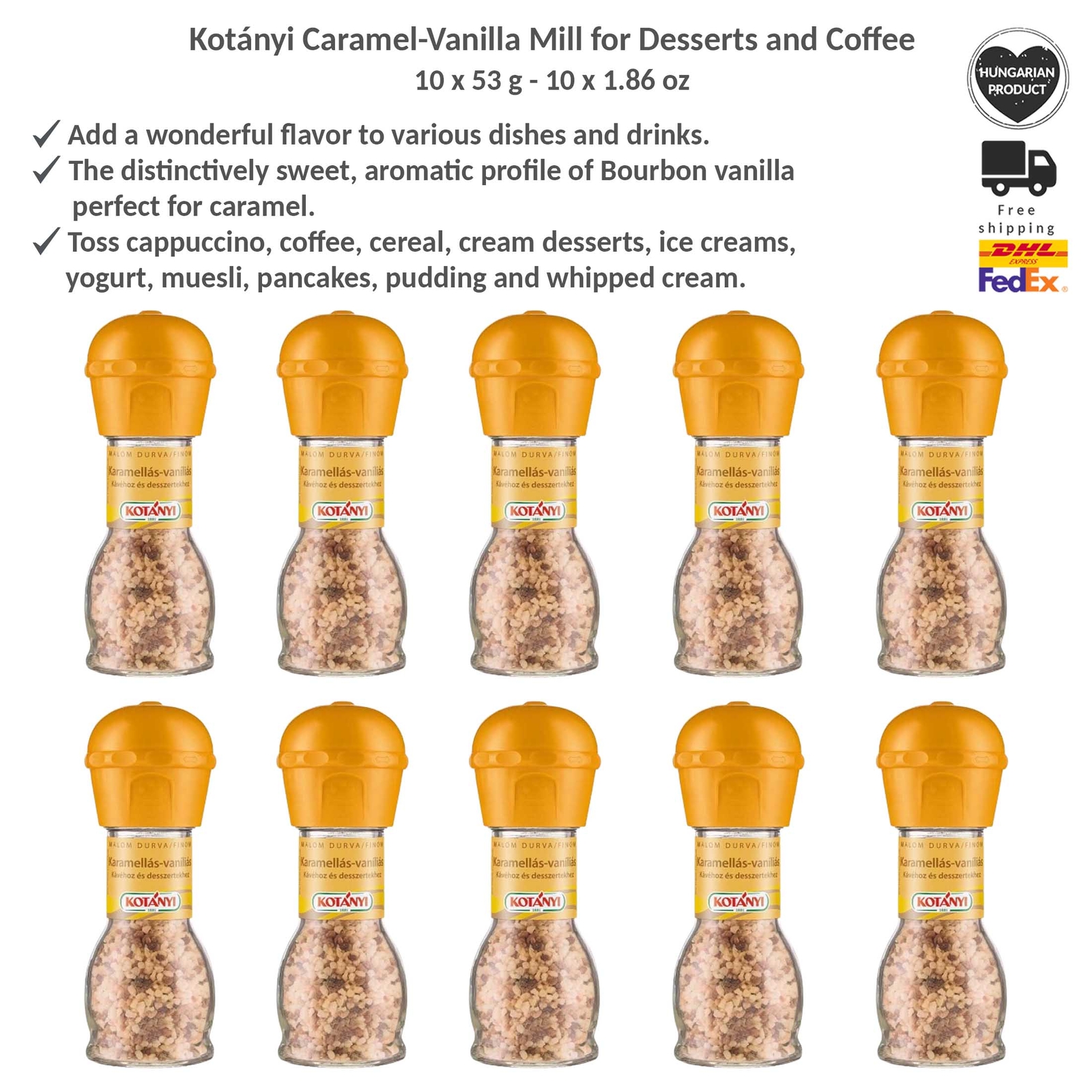 Kotanyi Caramel-Vanilla Mill for Desserts, Coffee Easy Use Grinding Head 53gx10