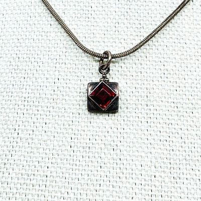 VTG Sterling Silver Necklace Red Faceted Crystal 925 Estate Jewelry Signed CL