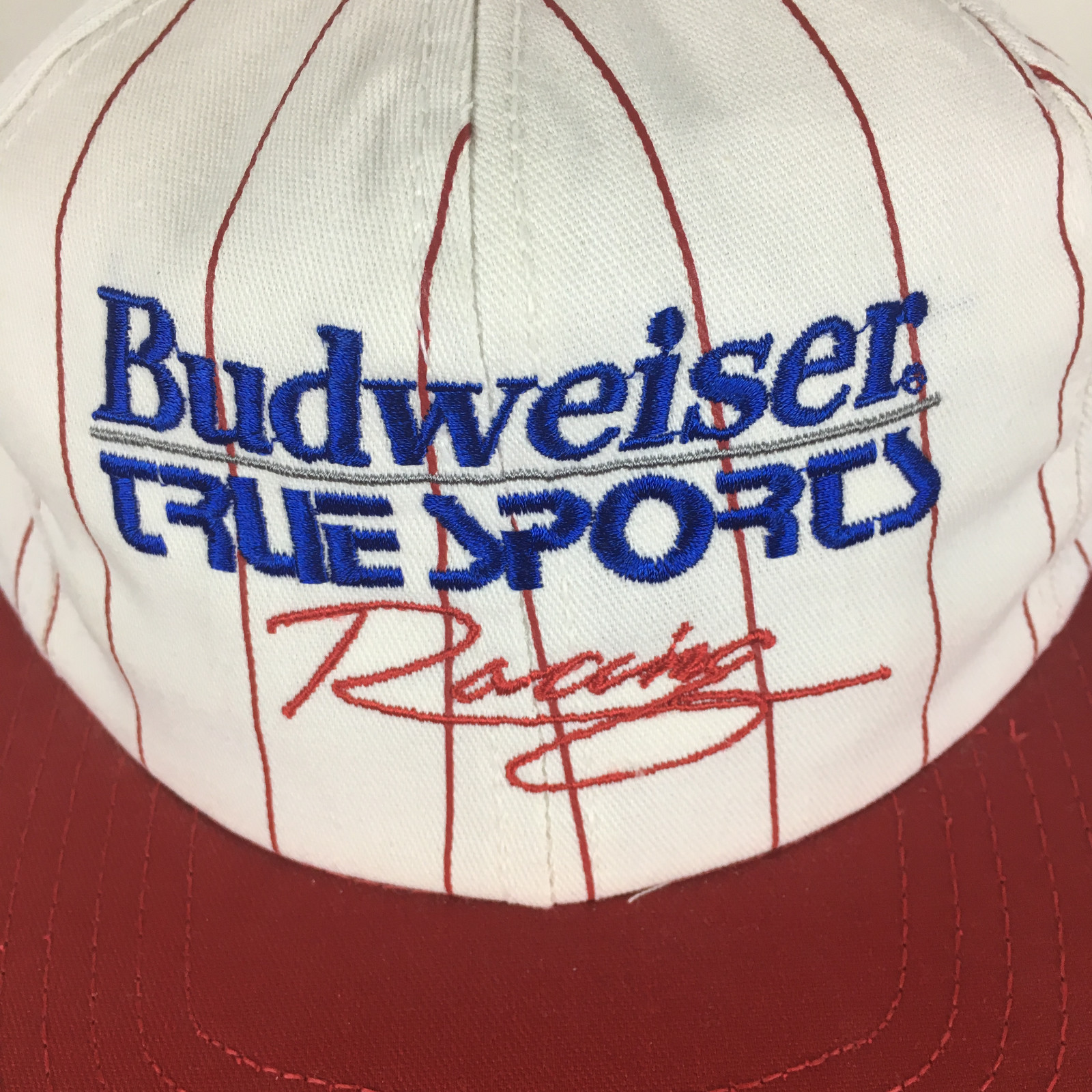 Vtg 80s Budweiser True Sports Racing Pinstripes Hat Cap Beer SnapBack Caps USA