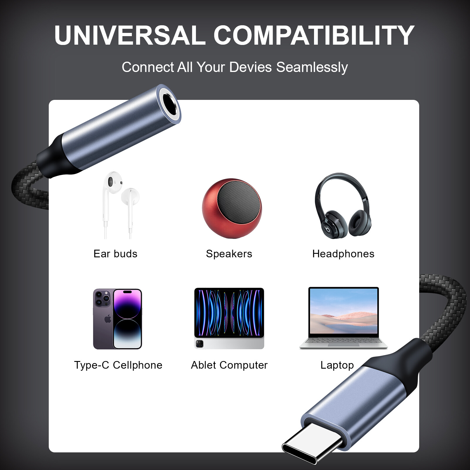 For Samsung Galaxy A14 A23 A54 5G USB-C to 3.5mm Aux Jack Adapter Earphone Cable