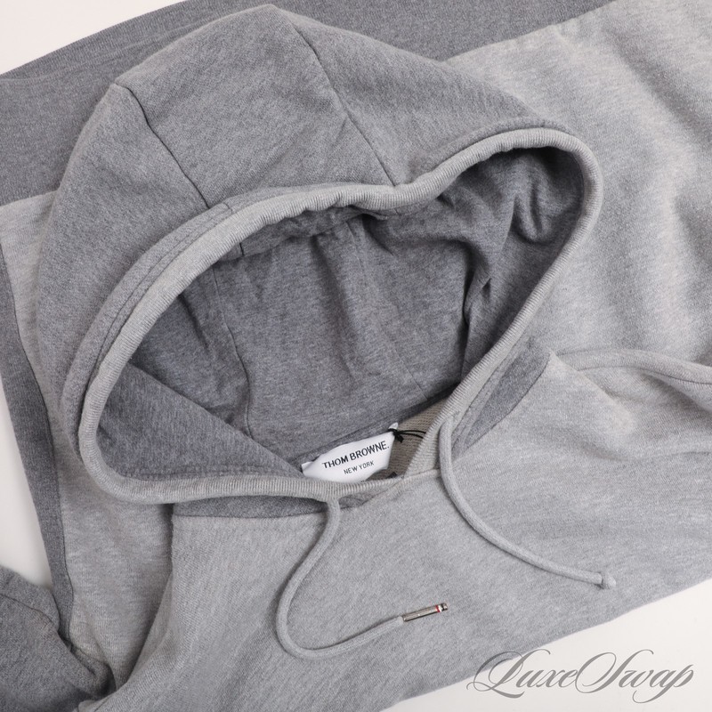 THOM BROWNE MED GREY タイ Thom Browne Made in Japan Gray Patchwork Quadriple Stripe Hoodie +