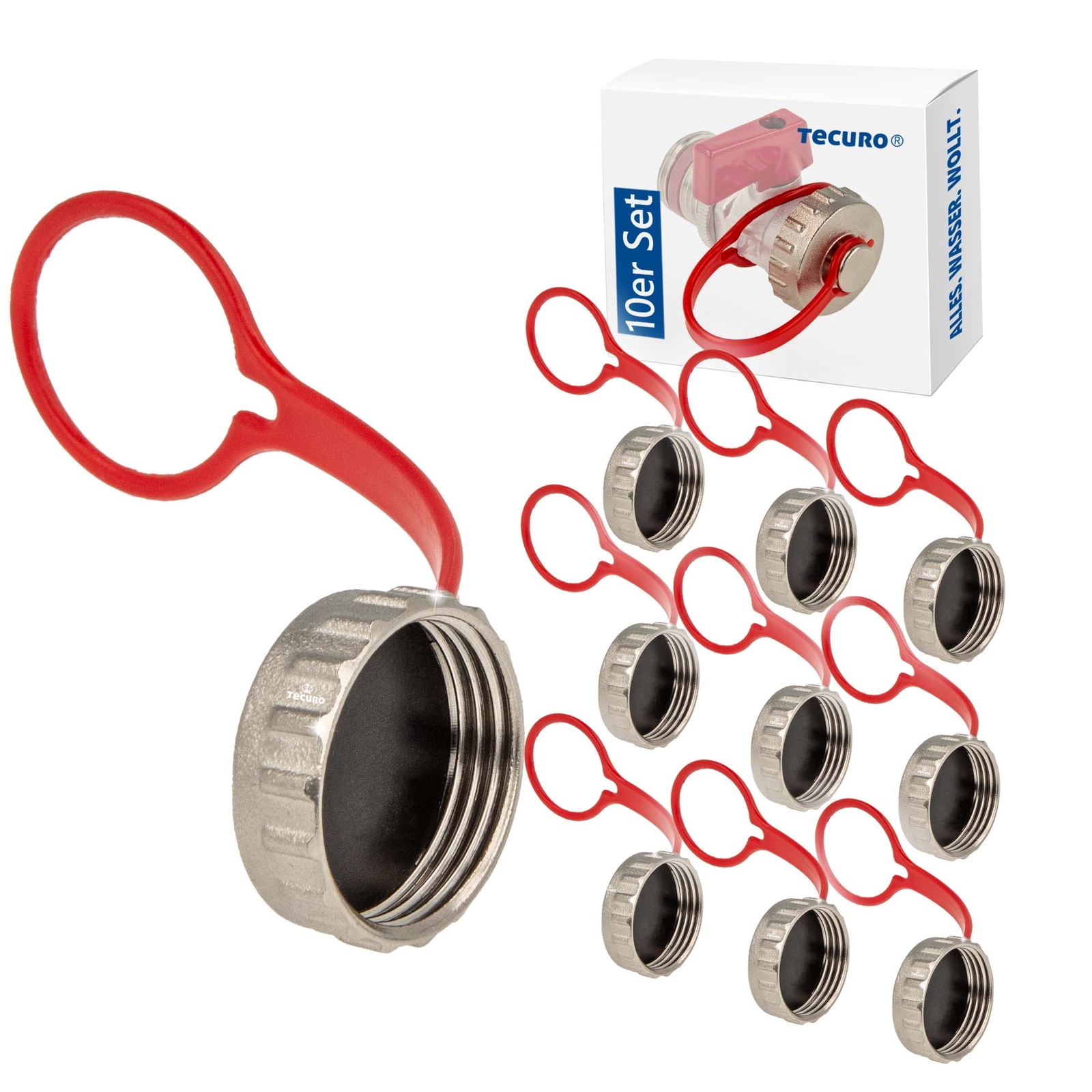 10 Stück tecuro Kappe Blindkappe 3/4 Zoll für KFE-Hahn - mit Dichtung - Messing