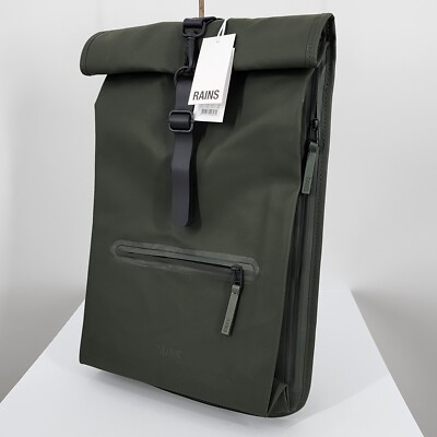 RAINS Rolltop Rucksack Evergreen RFID Backpack Waterproof Travel MSRP $140 NWT