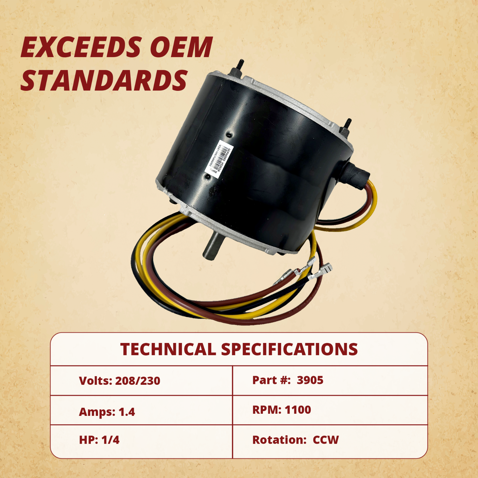 Genteq 3905 & Dayton 6DLL0 Condenser Fan Motor, 1/4 HP, 1100 RPM, 5KCP39EGS070S