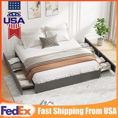 Full / Queen Size Platform Bed Frame with 4 Storage Drawers Linen Upholstered