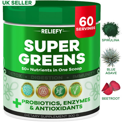 Reliefy Super Greens Powder. 300 g Superfood Blend with Probiotics – 60 Servings