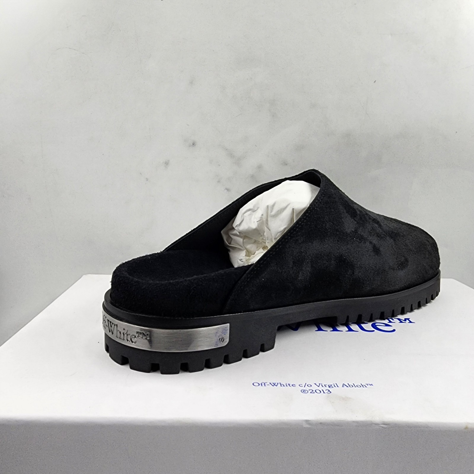 Off-White Metal Logo Slip On Mules Men's 41/8US Black/Silver Heel Embossed logo - Picture 14 of 22