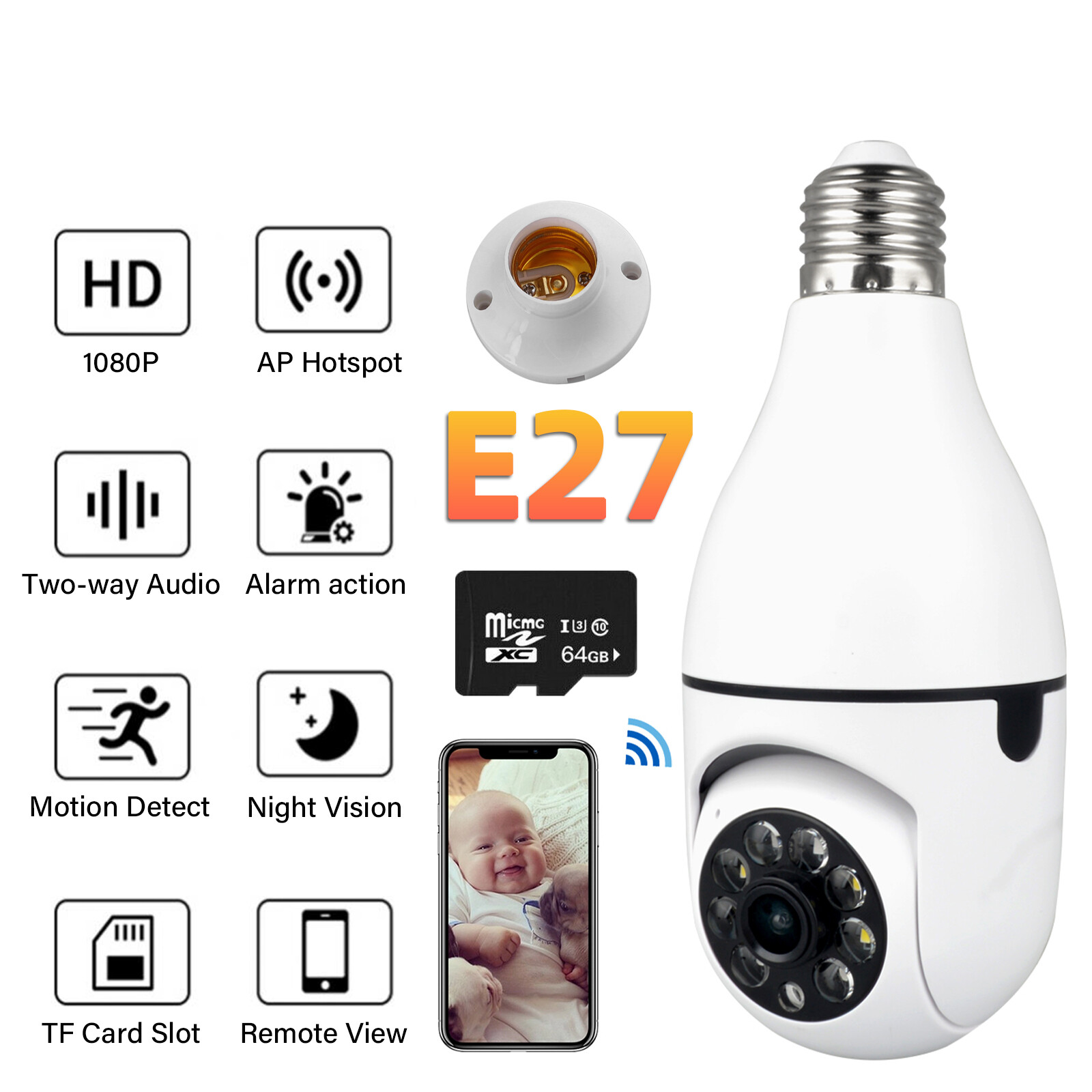 Light Bulb Security Camera WiFi Outdoor,1080P Smart 360 Degree Screw in Light US