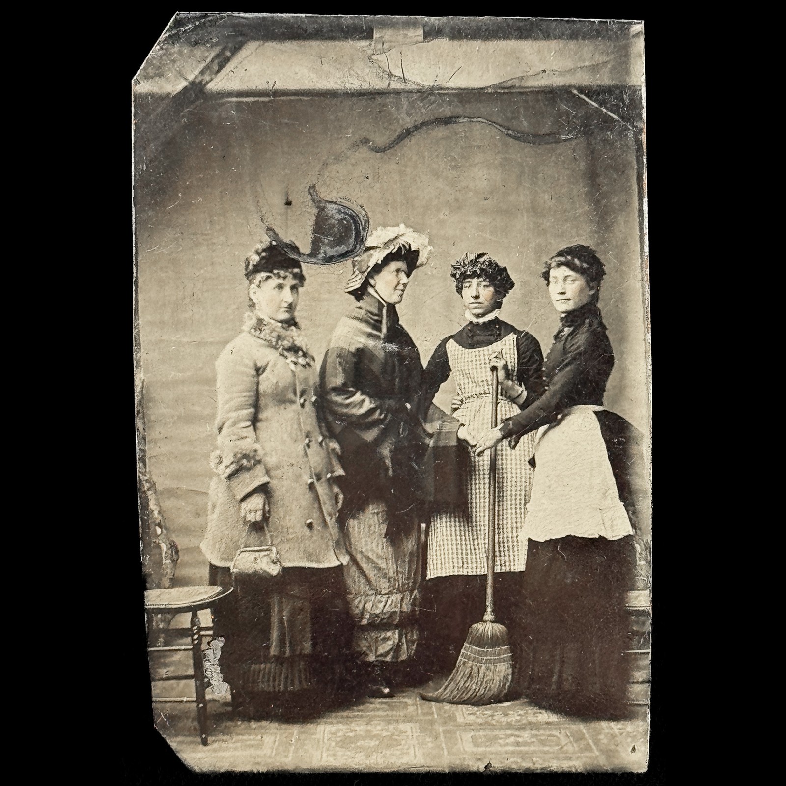 Antique 1870s Tintype 4 Women Broom Apron Domestic Scene Genre Portrait Photo