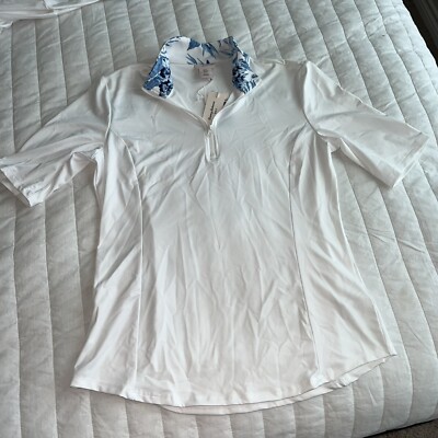Women s Tommy Bahama Golf 1/4 Zip Front W/ Print At Neck Sz L White And Blues