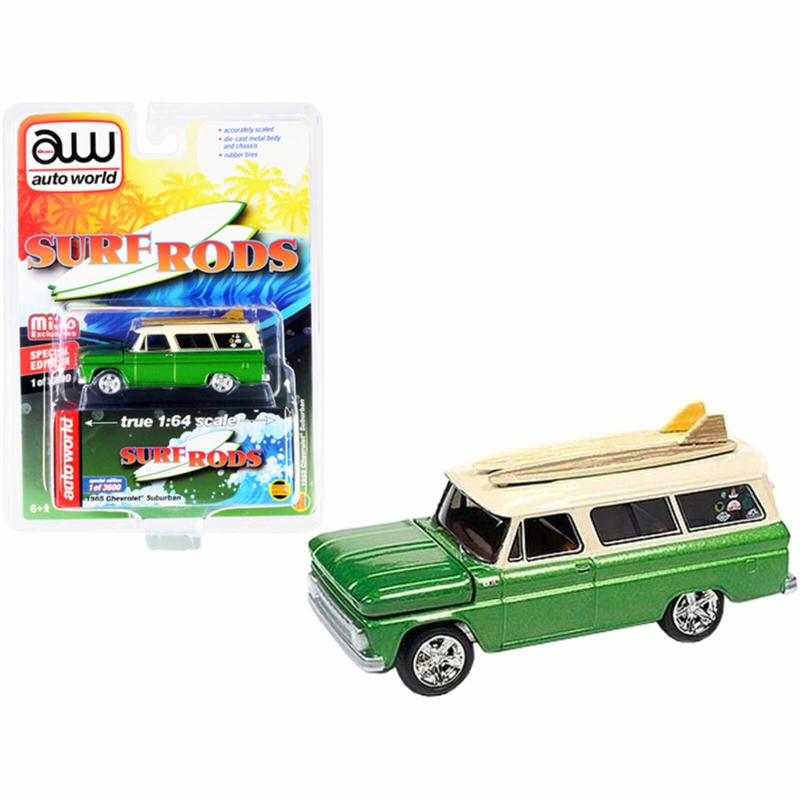 Auto World 1965 Chevrolet Suburban with Surfboards 1:64