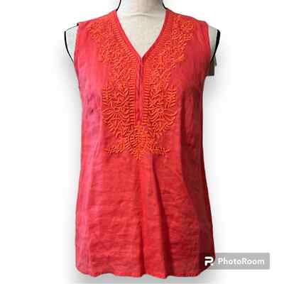 Elite Tahari size XS island hibiscus tank top v-neck 100% linen embroidered new