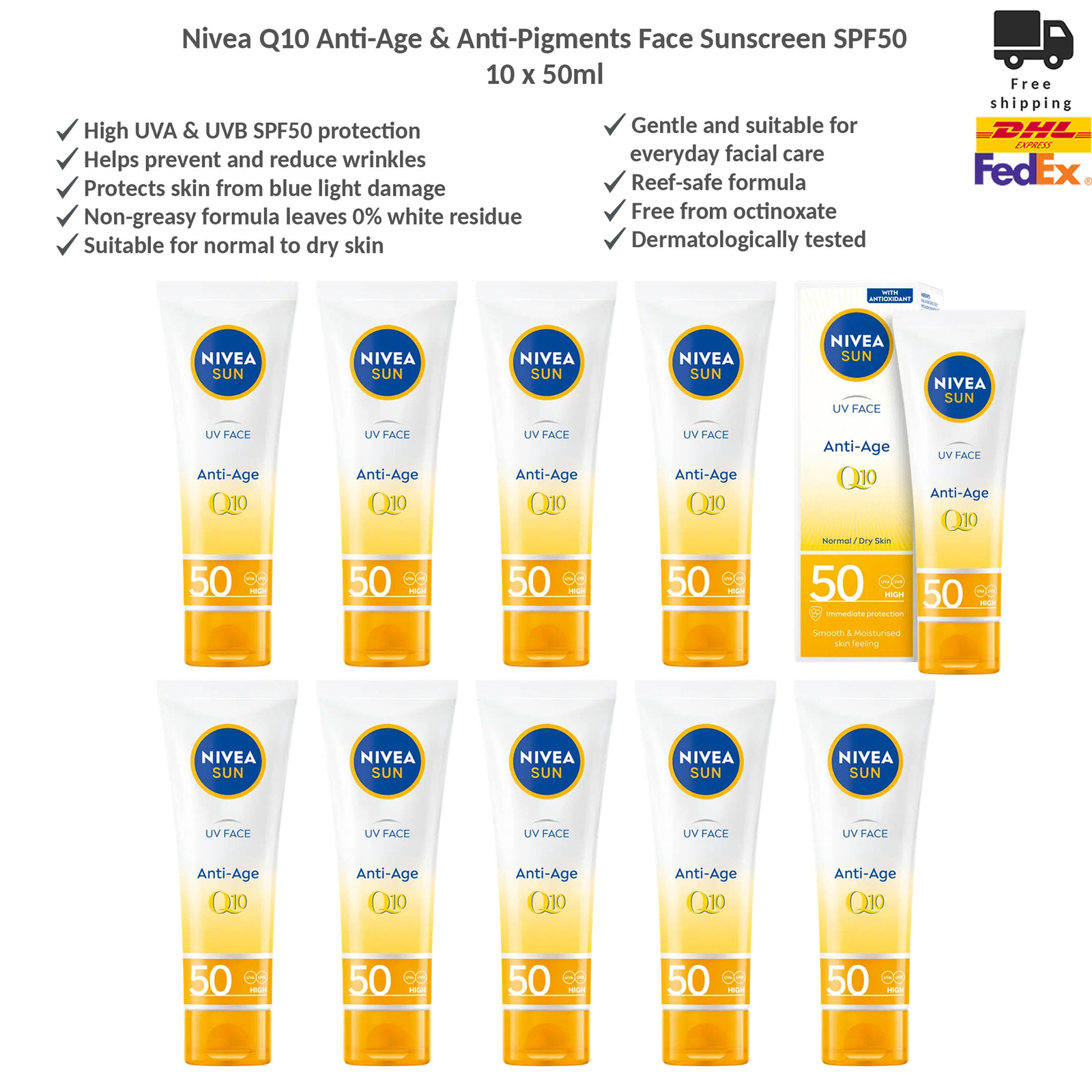 Nivea Q10 Anti-Age & Anti-Pigments Sunscreen Face Cream SPF50 - 50ml x 10 - Picture 1 of 7