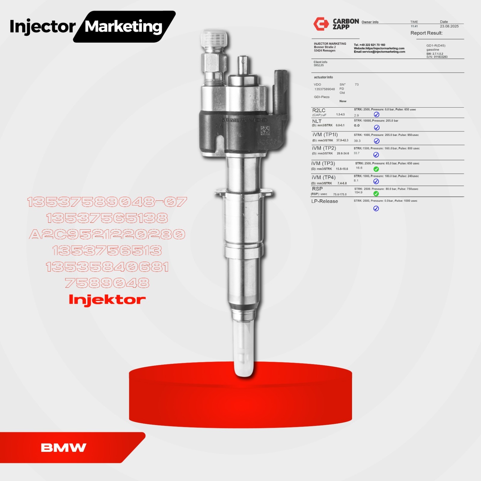 13537589048-07 Injecteur Original BMW E81-88 E90-93 E60 E61 F10 F11
