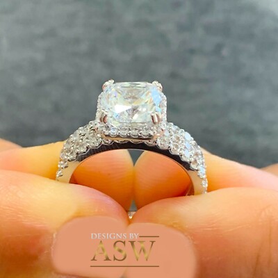 Pre-owned Asw 14k White Solid Gold Cushion Moissanite Diamond Engagement Ring And Bands 3.70ct