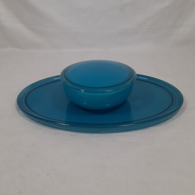 Vintage DeVilbiss Art Deco Glass Vanity Powder Bowl/Plate Set Blue w/ Blk Trim 