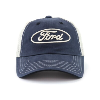 Ford Logo Baseball Hat Ball Cap Blue Tan Mesh Trucker Official Licensed