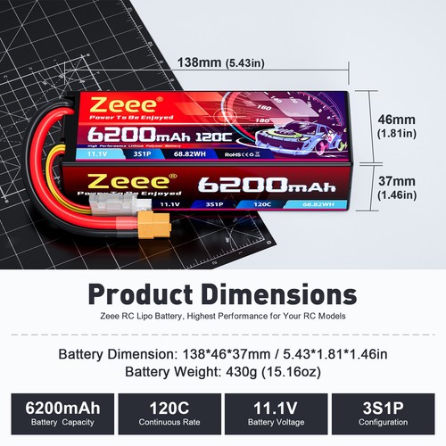2x Zeee 11.1V 120C 6200mAh 3S Lipo Battery XT60 for 1/8 1/10 RC Car Tank Truck