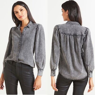 RAILS Angelica Gray Acid Wash Linen Blend Puff Sleeve Button Up Shirt Size Small