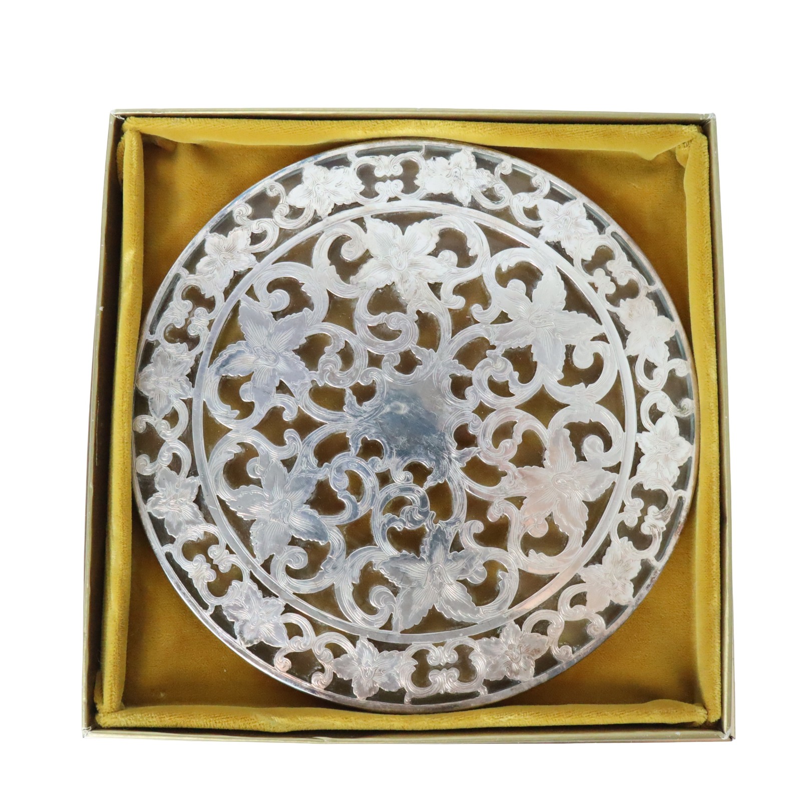 Webster Co. Silver Plate Glass Trivet Coaster Round Scrollwork 6
