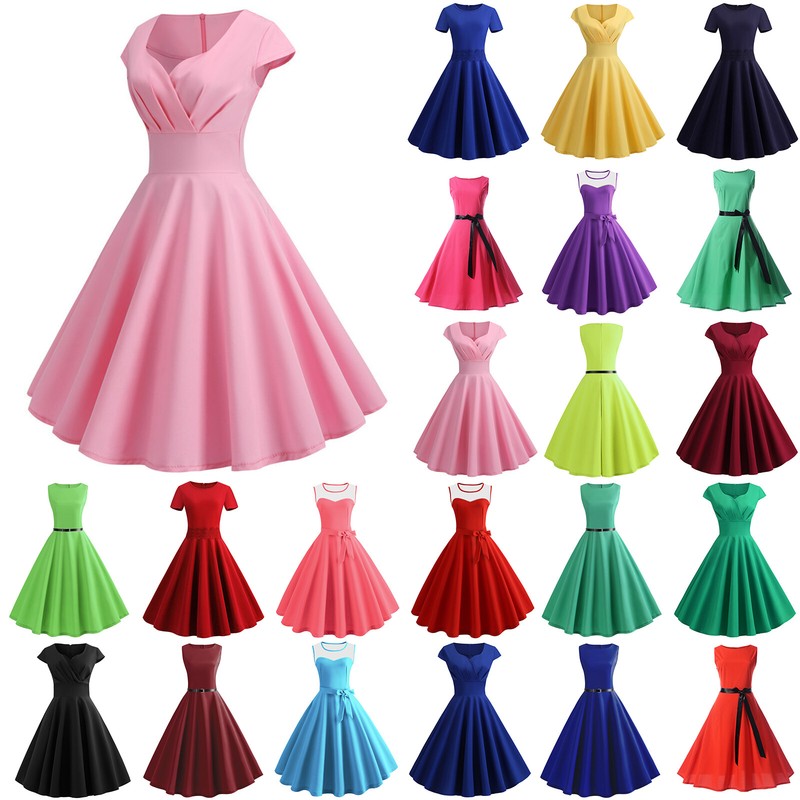 Damen 50er Rockabilly Retro Petticoat Hepburn Swing Ärmellos Vintage Partykleid