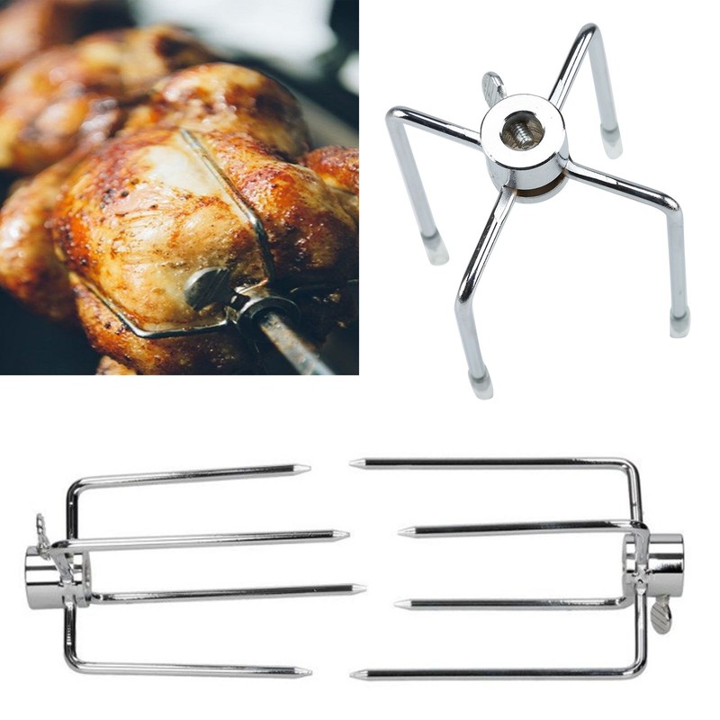 2tlg BBQ Spießgabel Grillspieß Rotisserie Grill Fleischklammer Fleischnadeln
