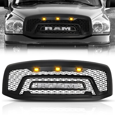 Black Front Grill For Dodge Ram 1500 Grill 2006 2007 2008 Grille w/Letter+LED