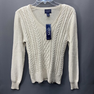 Chaps Sweater Womens Small Ivory Gold Metallic Cable Knit V Neck NWT