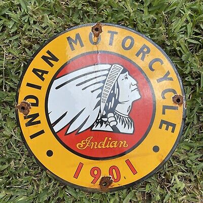 Vintage Indian Motorcycle Porcelain Sign 12” Bike Garage Cycle Yellow Gas Oil