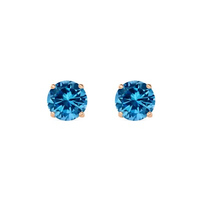 Pre-owned Shine Brite With A Diamond 2 Ct Round Cut Blue Earrings Studs Solid Real 14k Rose Gold Push Back Basket In Pink