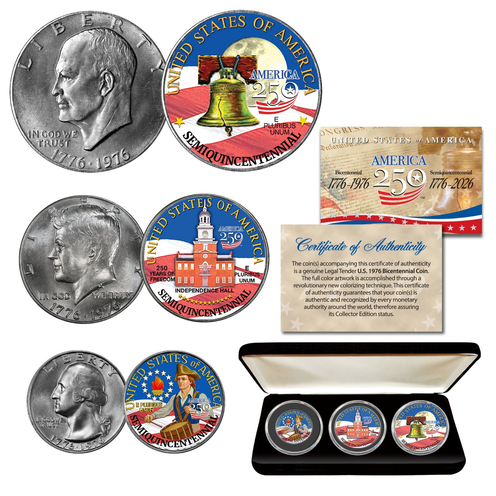 1776–2026 America 250th Anniversary 3-Coin Set JFK IKE QTR