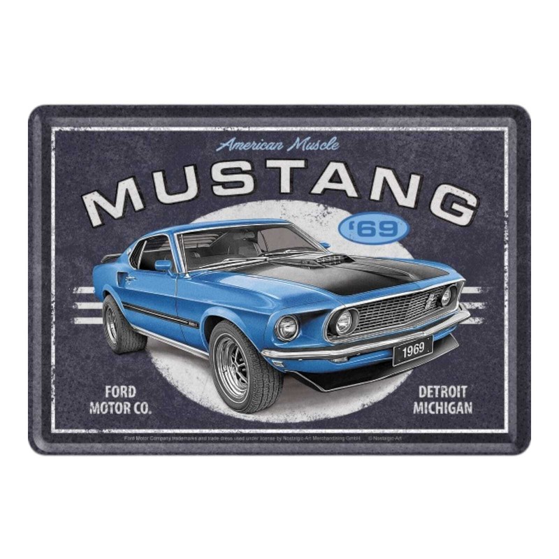 Mini-Blechschild, Blechpostkarte 10x14cm - Ford Mustang - 1969 Mach 1 Blue
