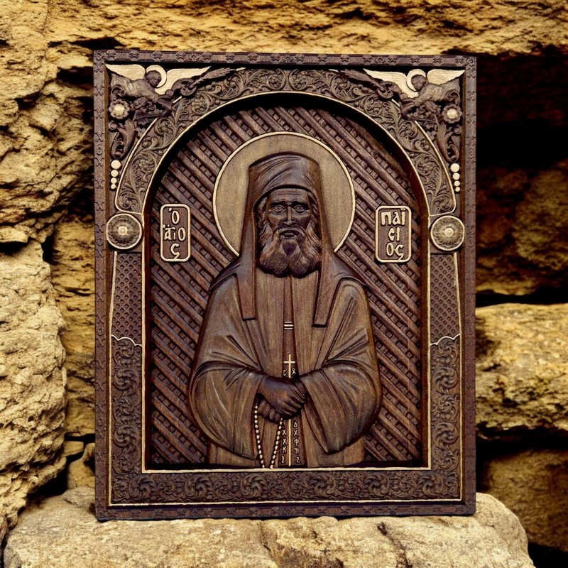 Saint Paisios of Mount Athos Wood Carved Handmade Byzantine Greek Christian Icon