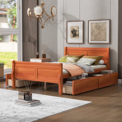 Oak Wood Full-Size Platform Bed with 4 Drawers & Streamlined Headboard