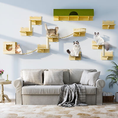 Cat Wall Shelves Set of 16 Wall-Mounted Wooden Cat Climber Cat Bridge Cat Condo