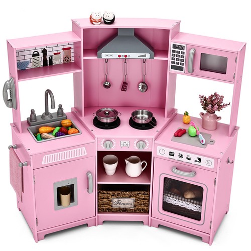 Kids Pretend Play Corner Kitchen Wooden Toy Set w/ Lights,Sounds Girls Gift Pink