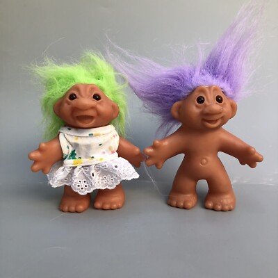 Pair Vintage DAM Troll Doll Green Purple Hair