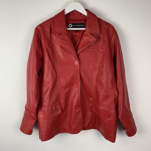 Outer Edge Womens 1X Faux Leather Jacket Button Up Solid Red Plus Size