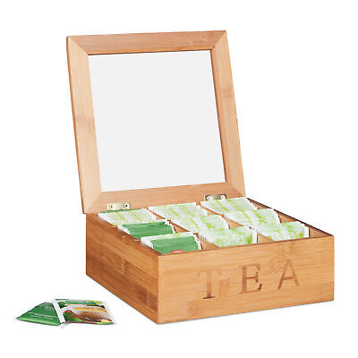 Teebox Bambus 9 Fächer Teebeutelbox Teekiste Tee Aufbewahrungsbox quadratisch
