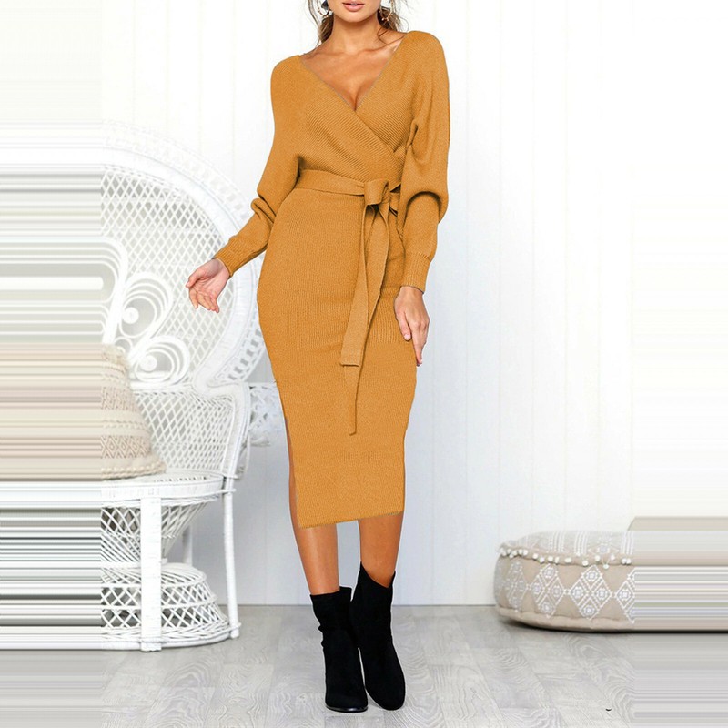 Women Knitted Long Sleeve Wrap Pencil Bodycon Midi Dress Party V Neck Sweater