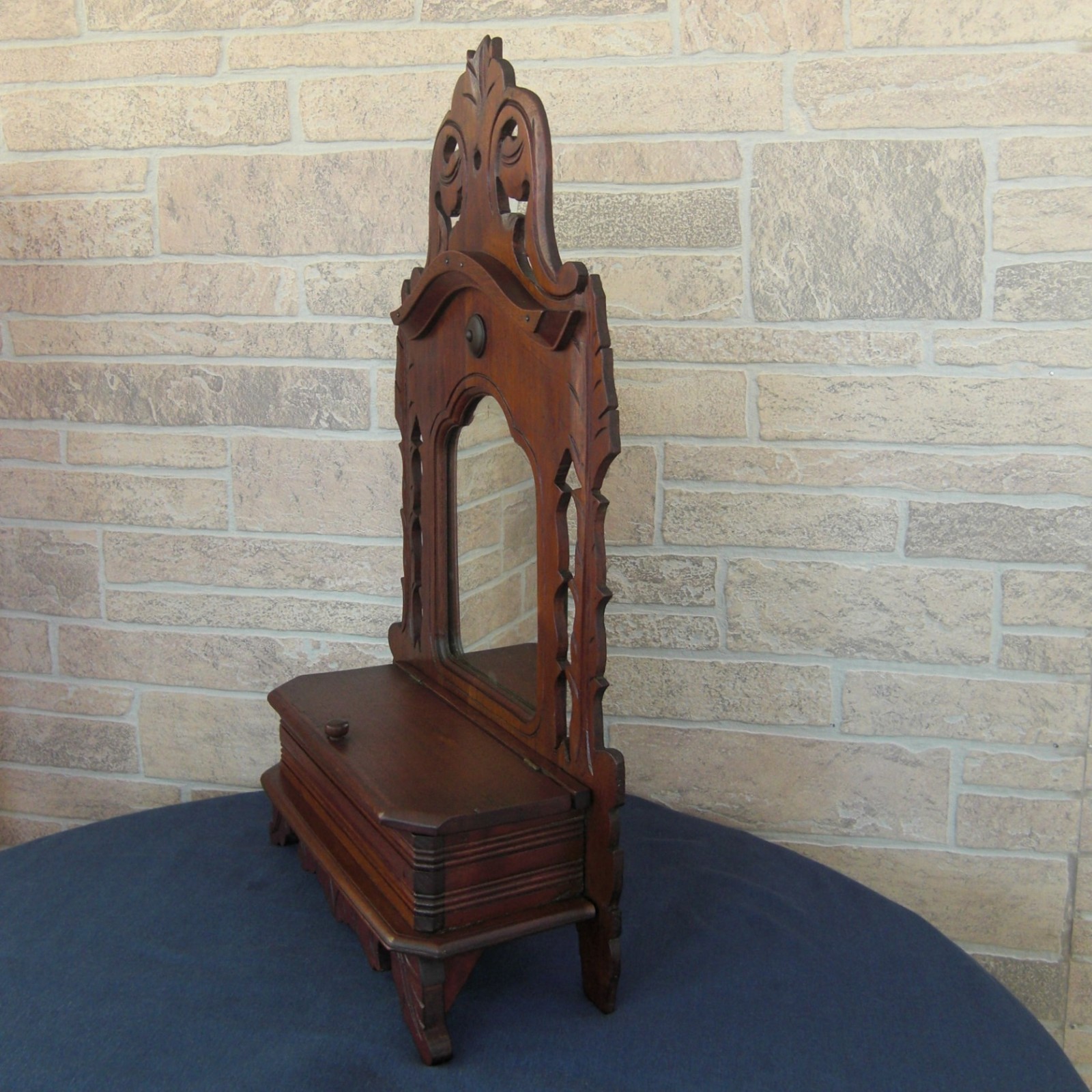 Antique Wooden Victorian Style 19th C Vanity Shaving Mirror, Storage Compartment