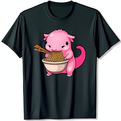 Whimsical Black T-Shirt with Cute Pink Axolotl Enjoying Ramen Noodles Graphic