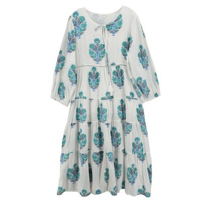 Debbie Katz South Beach Maxi Dress White Blue Teal Floral Tiered Tasseled XL