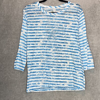 Palm Harbour XL Top Shirt Blue Striped Starfish Round Neck 3/4 Sleeve Sheer Knit