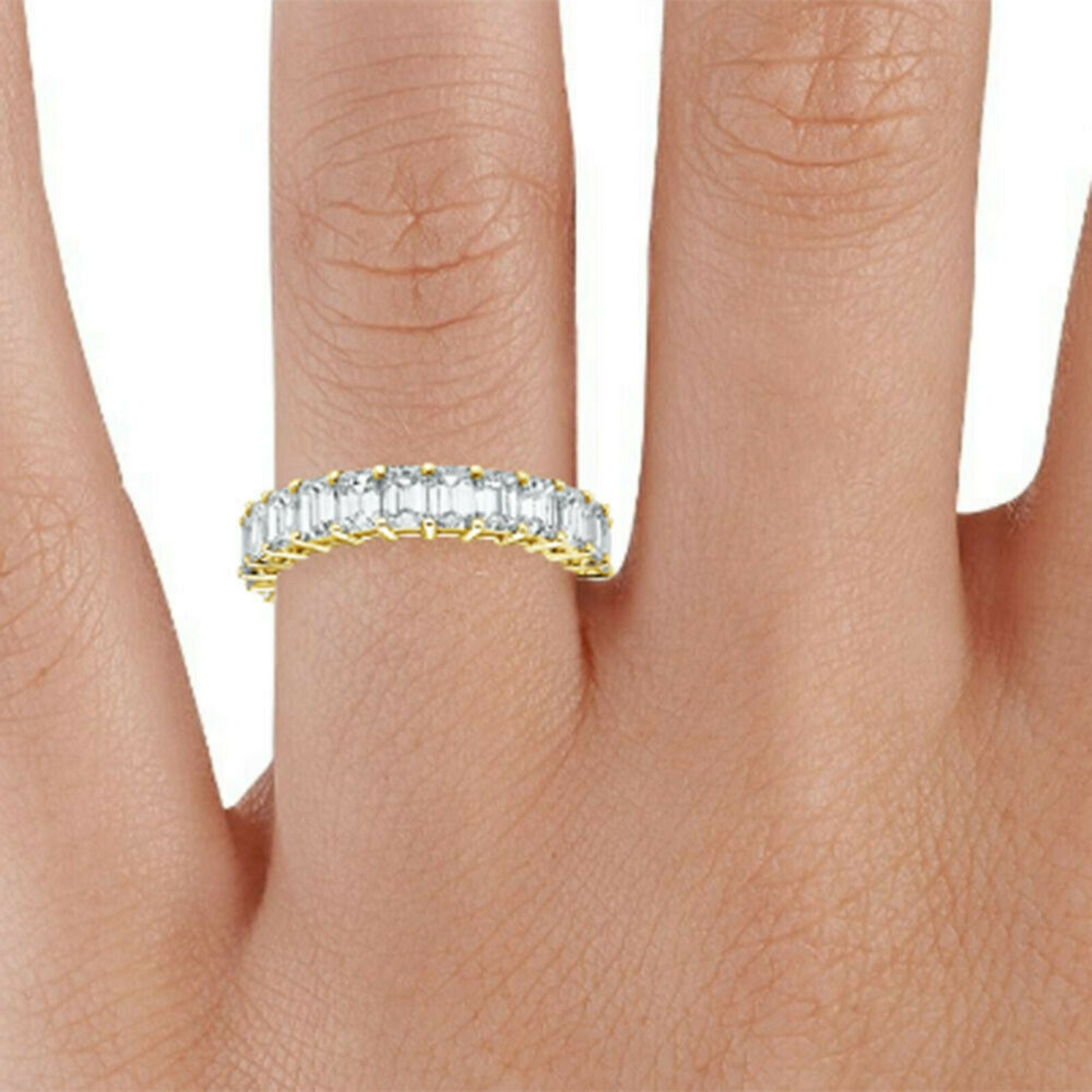 Solid 14K Yellow Gold 5.23Ct Emerald Cut Moissanite Eternity Wedding Band 