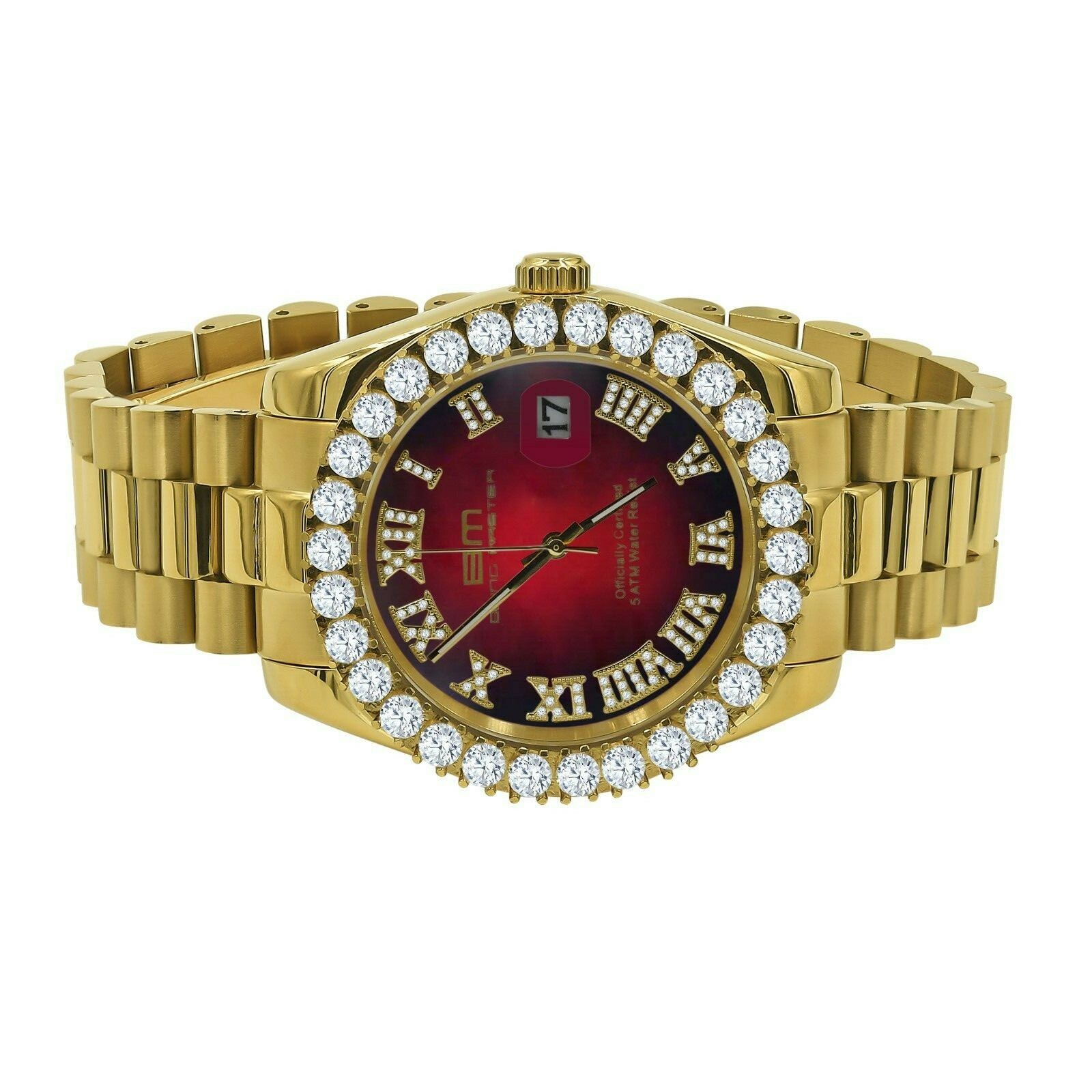 Pre-owned Bling Master Ruby Red Dial Solid Stainless Steel Men's 18k Yellow Gold Tone Finish Watch 42mm