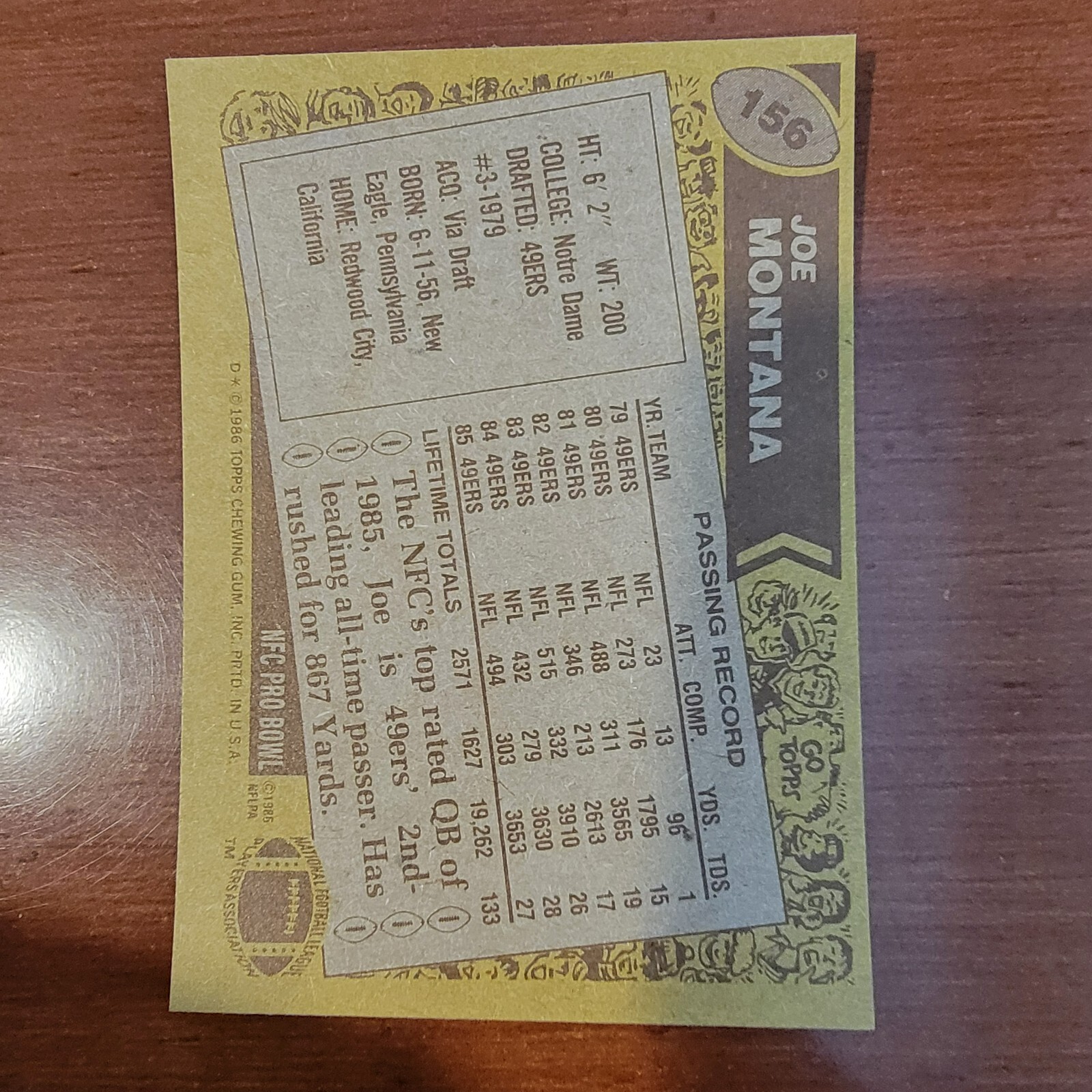 1986 Topps NFL Joe Montana Card # 156 San Francisco 49ers HOF - BOOK PRICE $10