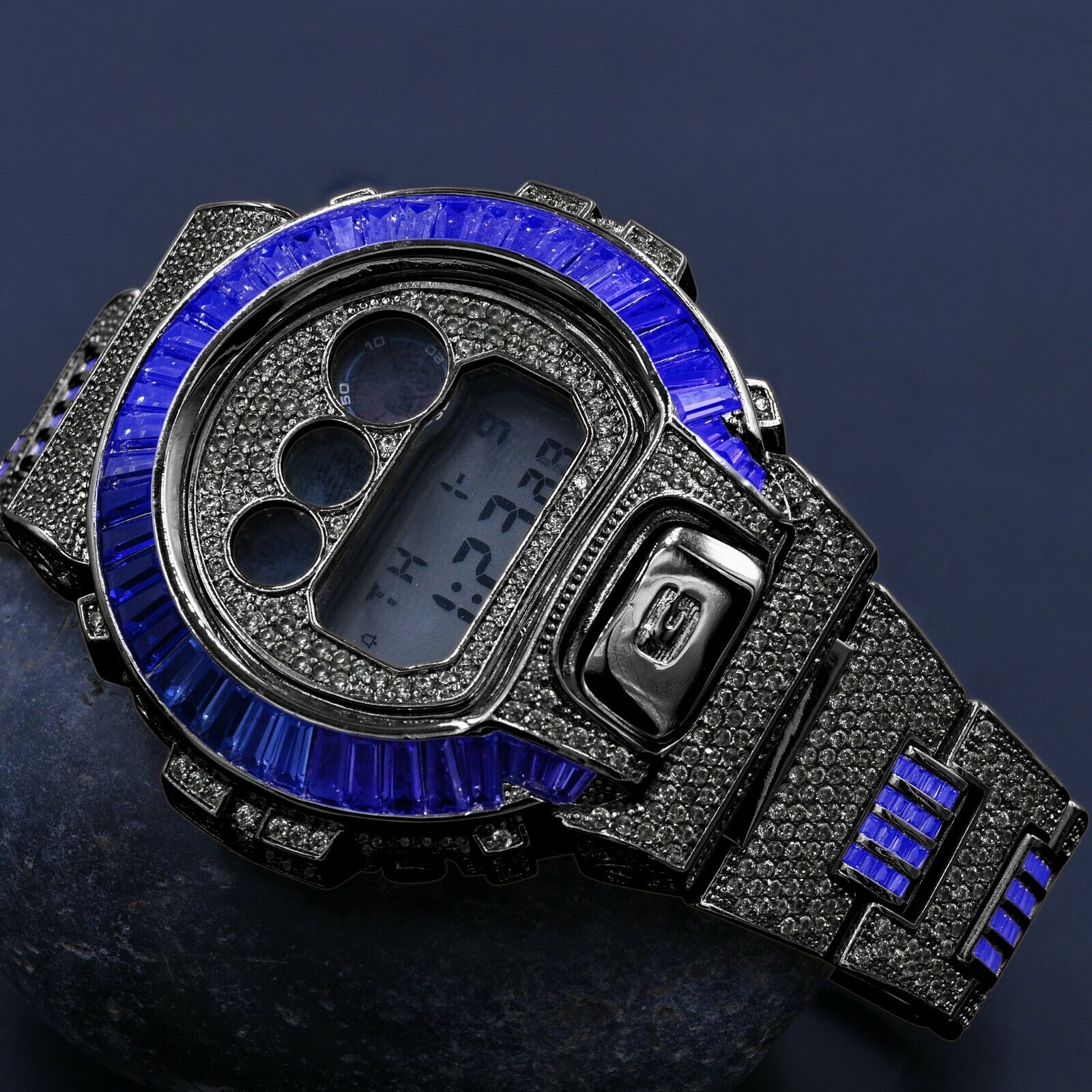 Pre-owned Icy Authentic Blue Sapphire Baguettes On Black Gold Casio G-shock Dw-6900 Watch