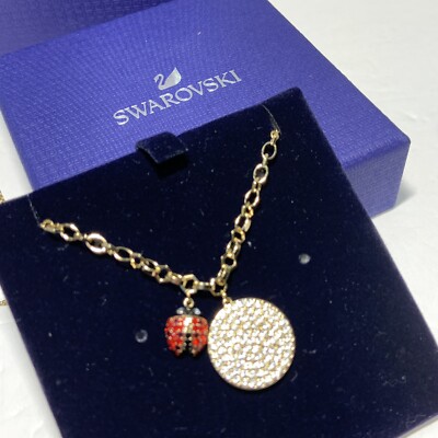 NEW Swarovski Lisabel Ladybug Necklace Pave Coin Disc CHARMS Gold Tone 5498808