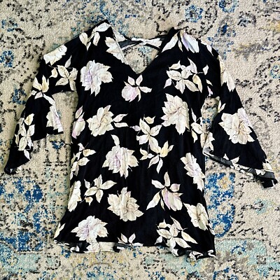 Lush Chiffon Boho Black Floral Tunic Women s Size Medium Blouse Top (G)